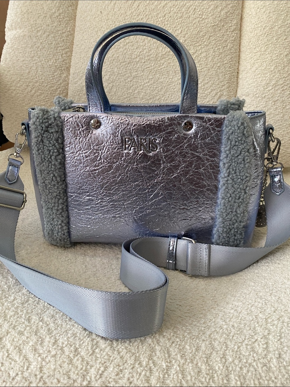 Paris Hilton Ice Blue Mini Tote with Shimmering Metallic Finish w/ Crossbody
